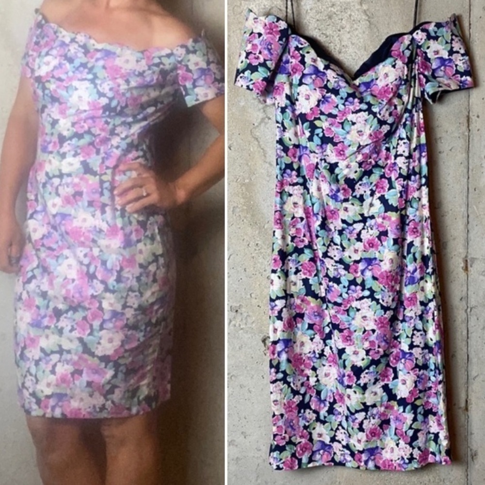 Vintage 80s/90s purple pink floral scalloped dress